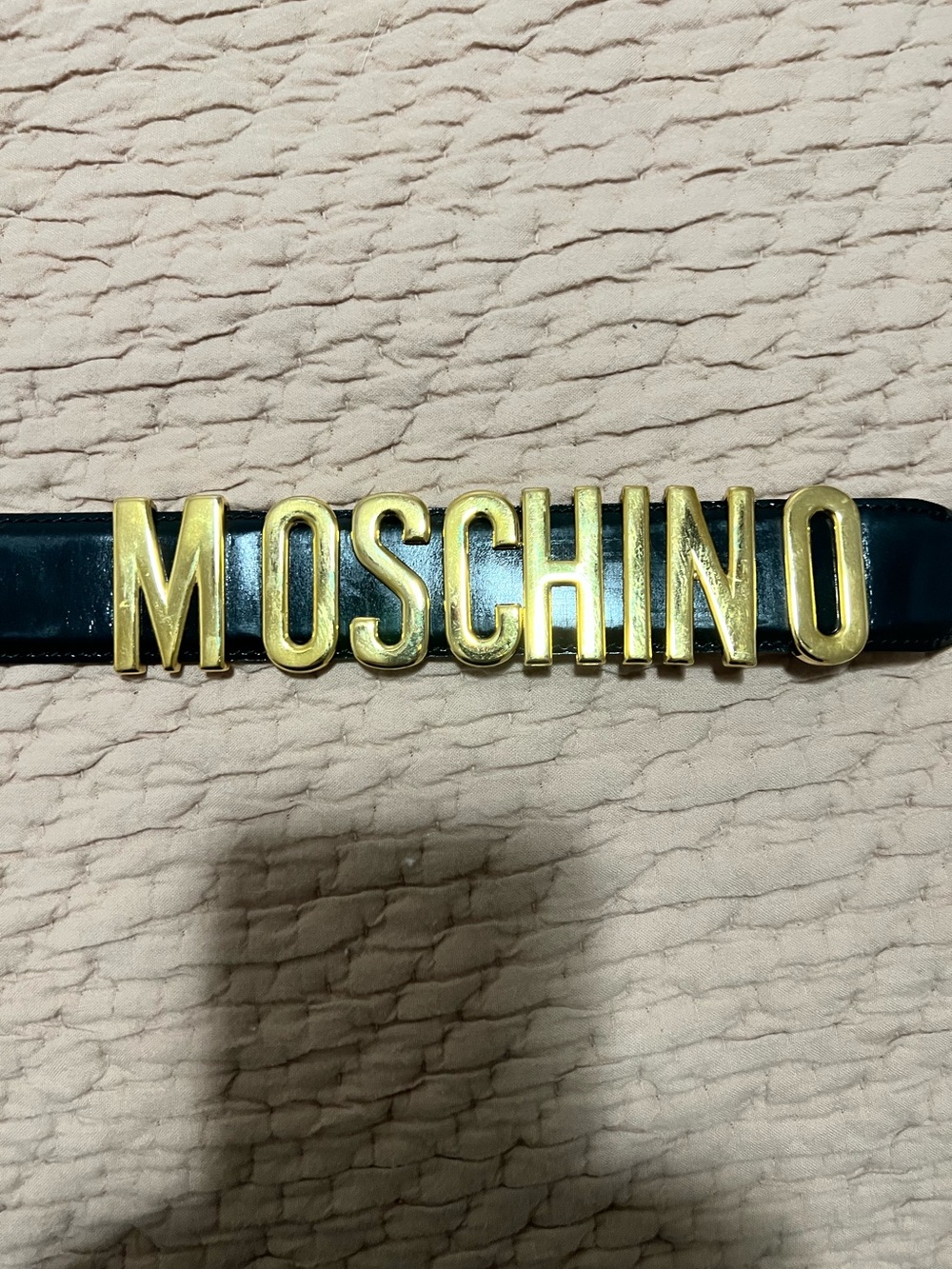 Vintage authentic Moschino 1990s Gold Tone Logo Black Leather Belt